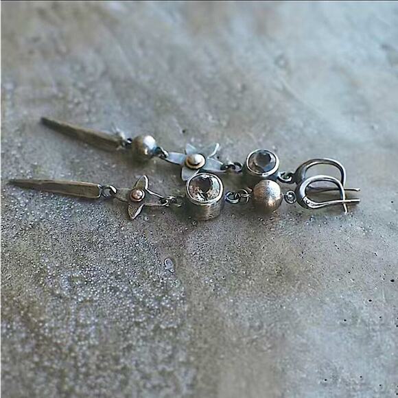 Antique Silver Flower Star Zircon Geometric Dangle Handmade Unique Earrings - Picture 3 of 5